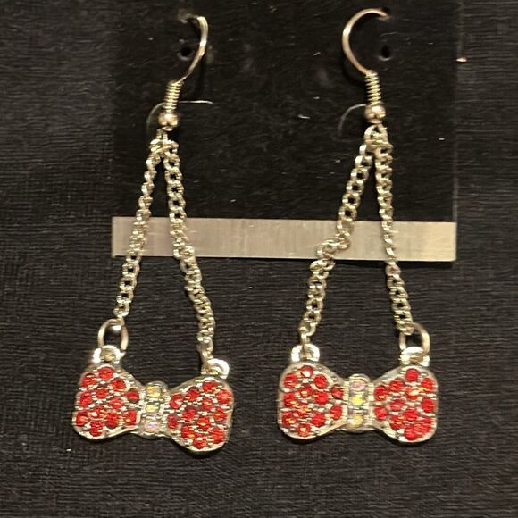 Red rhinestone bow earrings - Picture 3 of 5